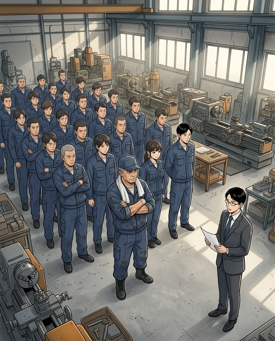 朝礼で社員の前に立つスーツ姿の航