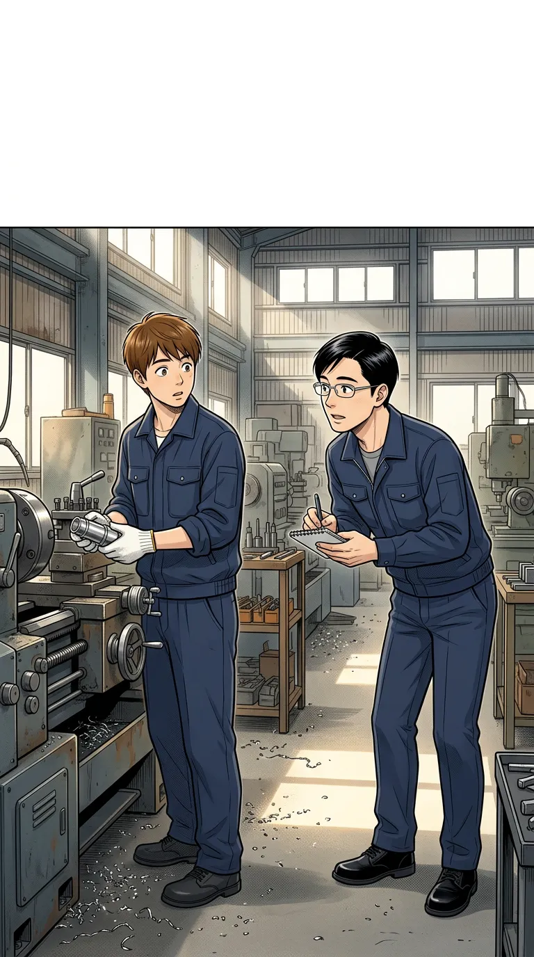 作業着姿で若手社員に話を聞く航